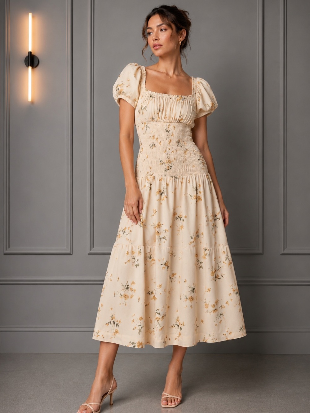 Reformation Riva Puff-Sleeve Smocked Midi Dress B1438